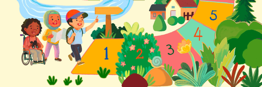 three children approach a numbered pathway beside a river, a house, and a forest