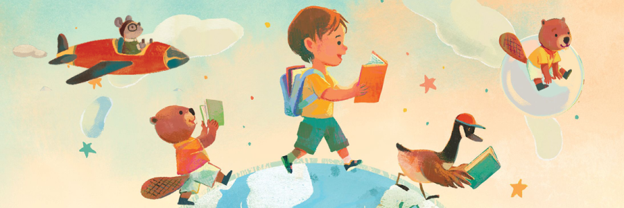 A child, goose and beaver read as they walk along the