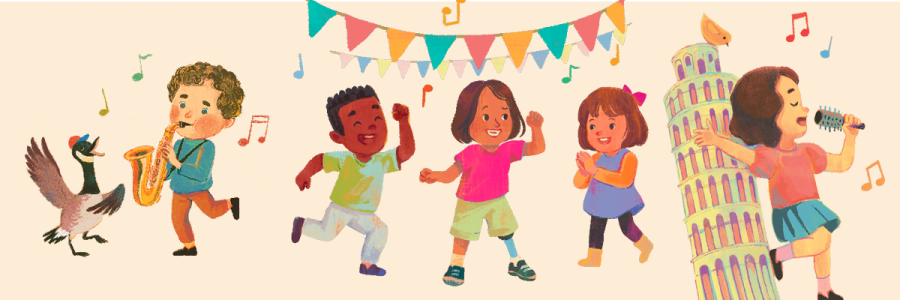 Children and a goose sing, dance and play a saxophone.