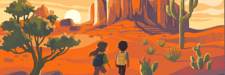 child wearing backpack looks beyond his book onto a landscape of world wonders