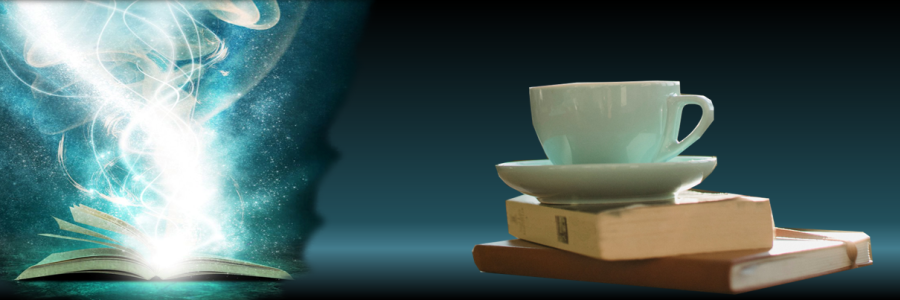 lights coming out of open book, cup sitting on books