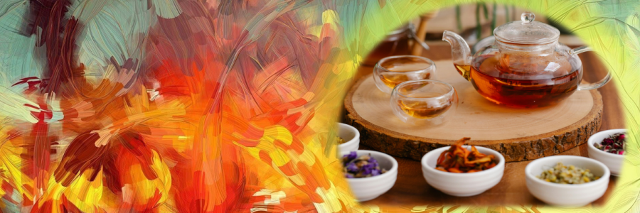 tea cups, flowers, tea pot on painted background of red, white, orange