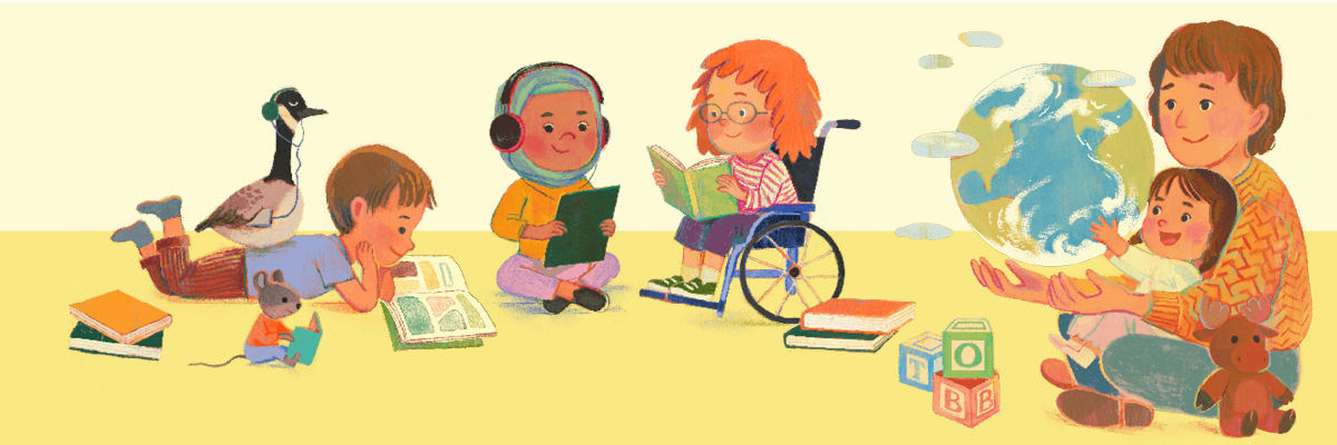 A group of children and animals read together while a parent and young child examine a world globe together. Un groupe d’enfants et d’animaux lisent ensemble pendant qu’un enfant et son parent examinent un globe.