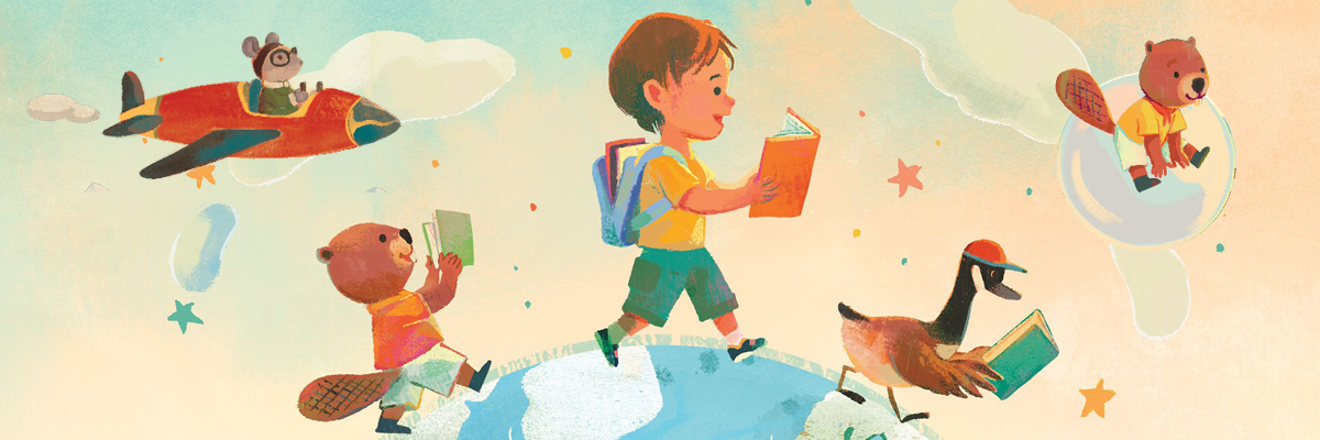 A child, goose and beaver read as they walk along the