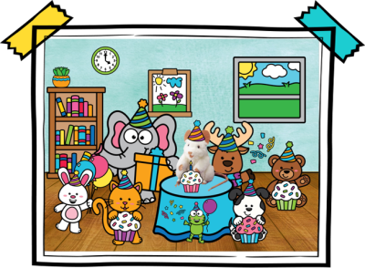 A clipart image of a mouse puppet celebrating his birthday with cartoon animals.