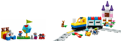 A photo of a DUPLO Coding Express Train on a track. Other DUPLO pieces create scenery for the train.