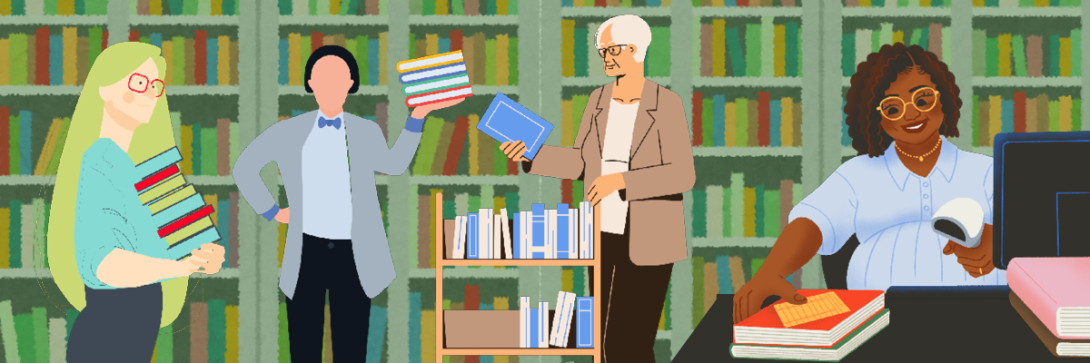 An image of various people working in a library